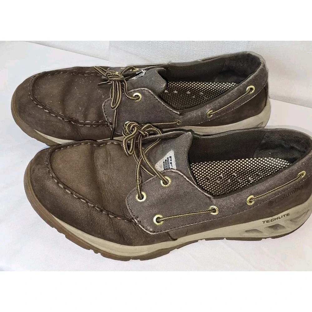 Columbia‎ Boat Shoes Men 10.5 Brown Leather TechLite PFG Fishing Boatdrainer